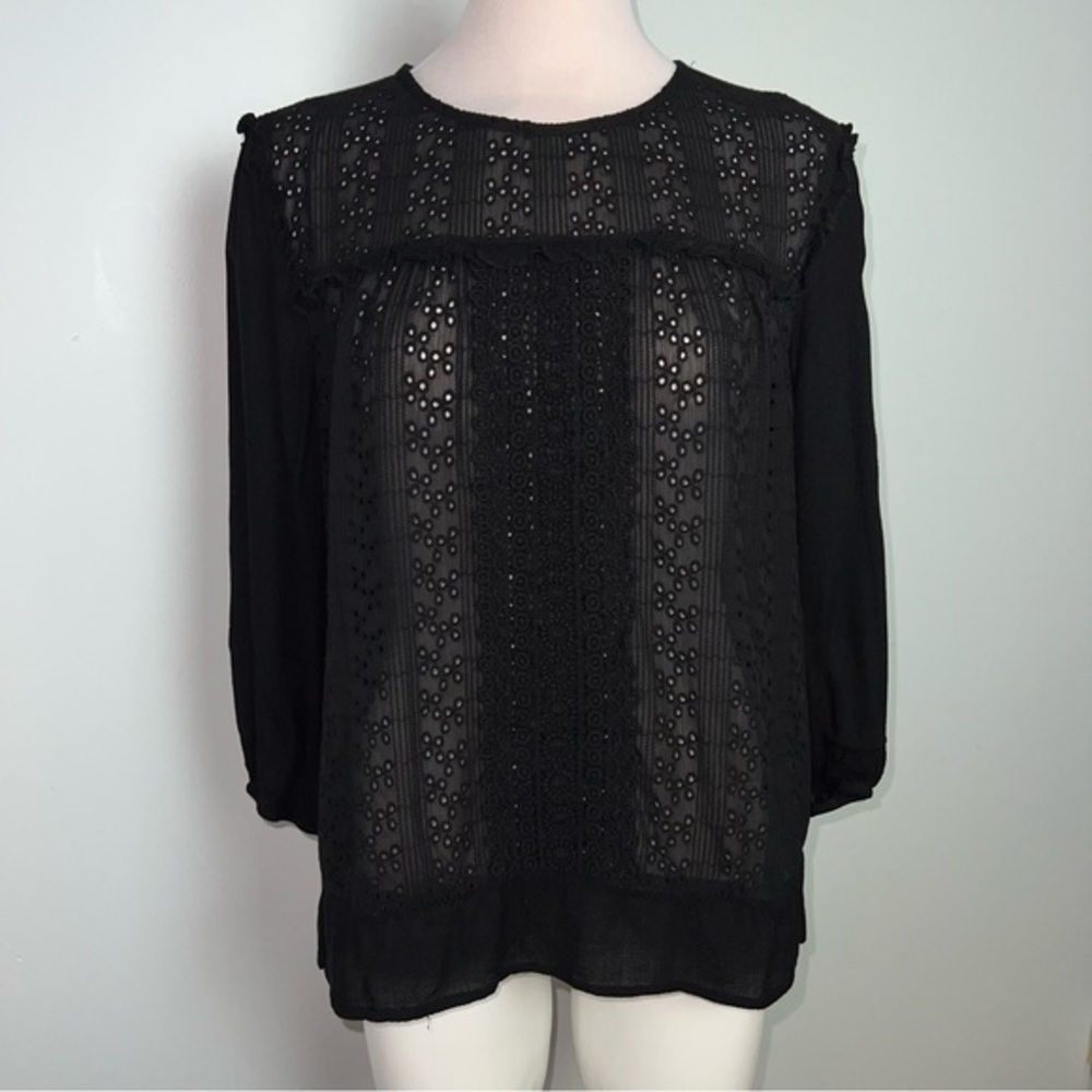 Knox Rose Black Eyelet Lace Blouse Large Boho Peasant Top Sheer Bohemian